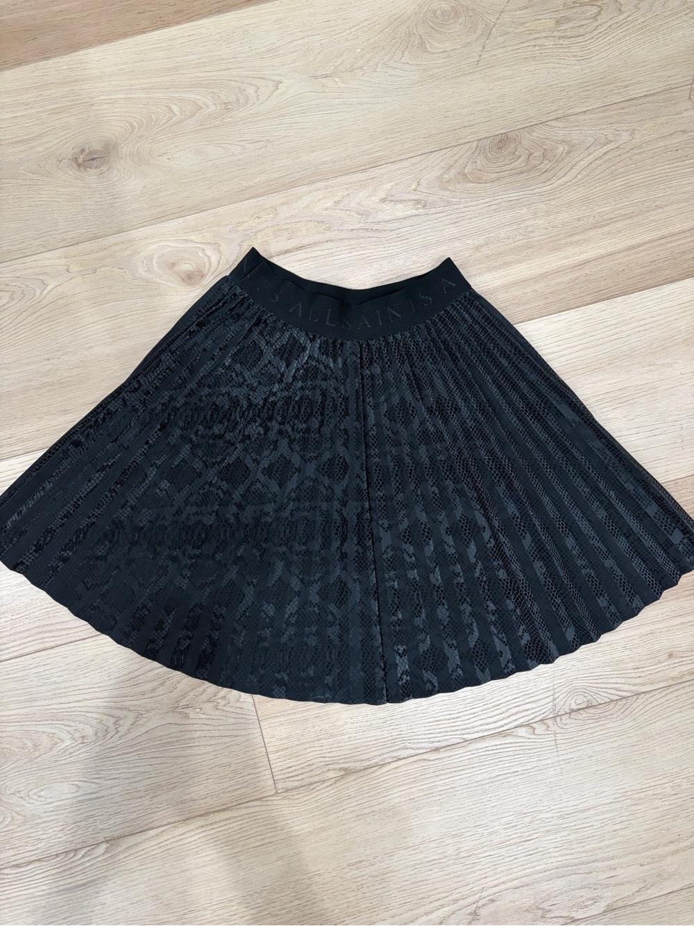 All Saints Black Pleated Lace-Textured Skater Skirt